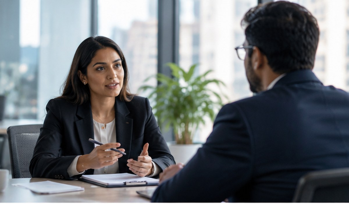 Professional recruitment conversation in a modern office