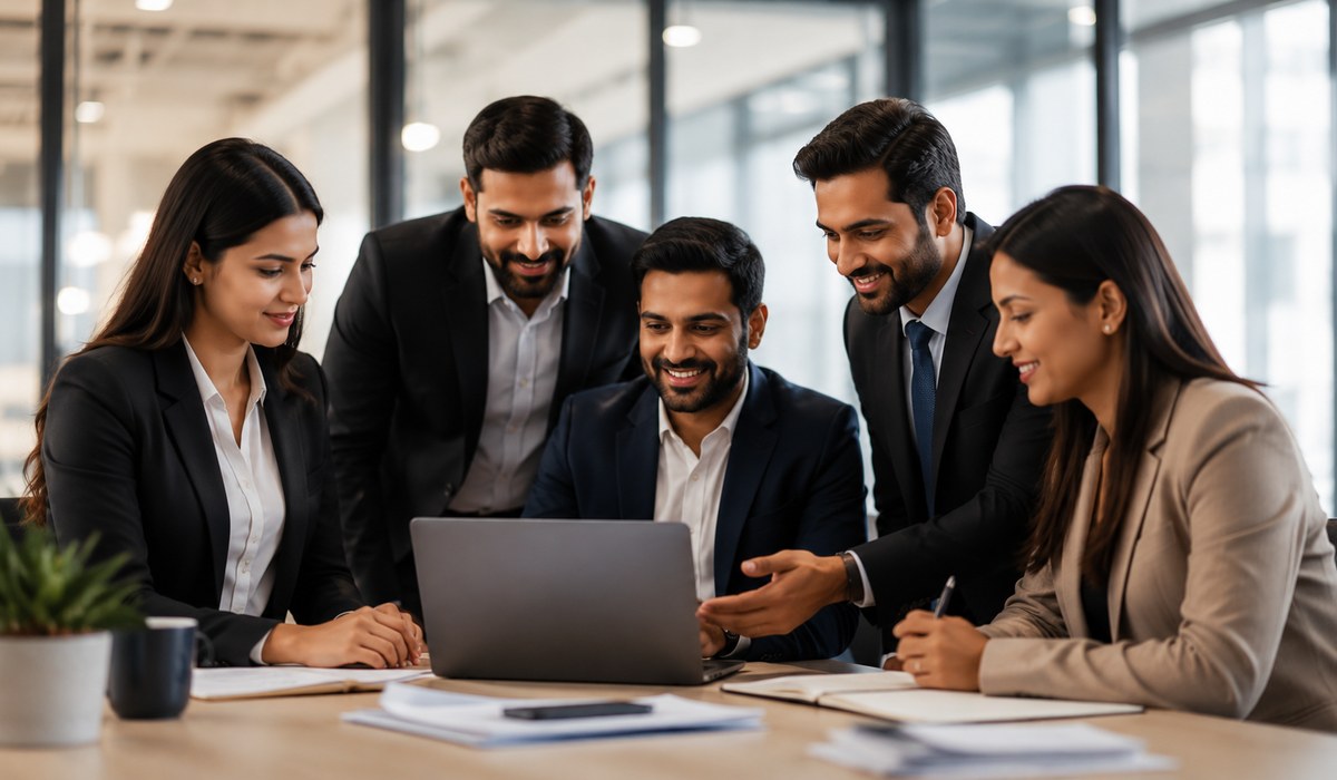 Professional team collaborating in a modern office